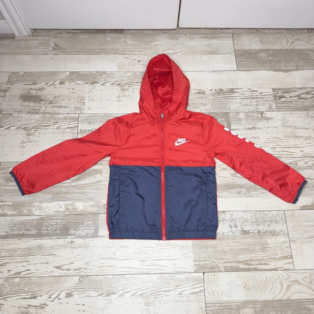 Nike Jacket Kids 6-7 Yrs Red Navy Hooded Colorblock Zip Windbreaker Just Do It
